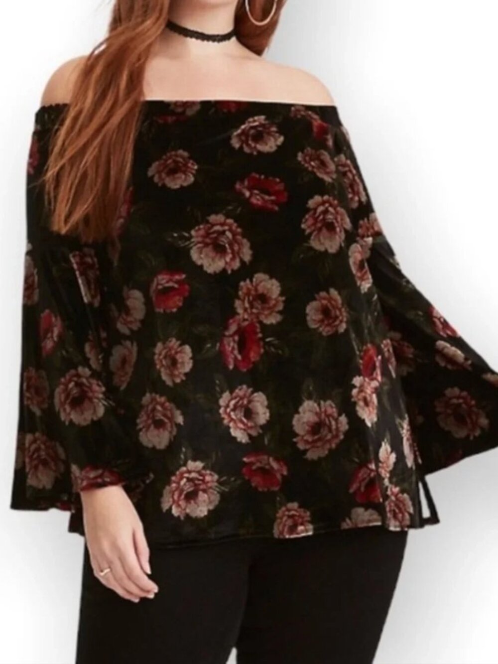 Torrid 5X Black Floral Velvet Off Shoulder Bell Sleeve Top
